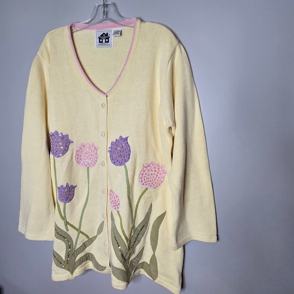 Storybook Knits Womens Cardigan Tulip Applique Sequin Easter Spring pastel Sz L - Picture 6 of 8